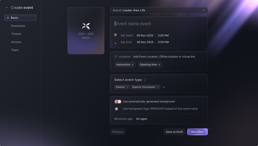 Interfaz de creación de eventos