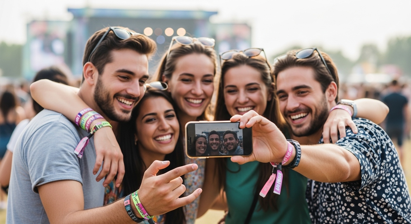 Tres asistentes a un festival agrupados, sus rostros iluminados por la pantalla de un tel&eacute;fono mientras comparten un enlace de referido con amigos