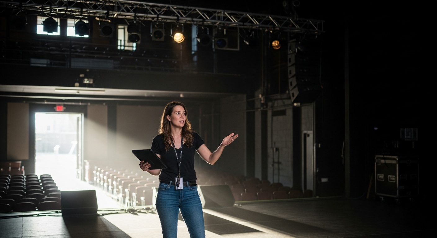 Personal del festival en una estación de check-in de artistas, con el escenario principal y el público al fondo