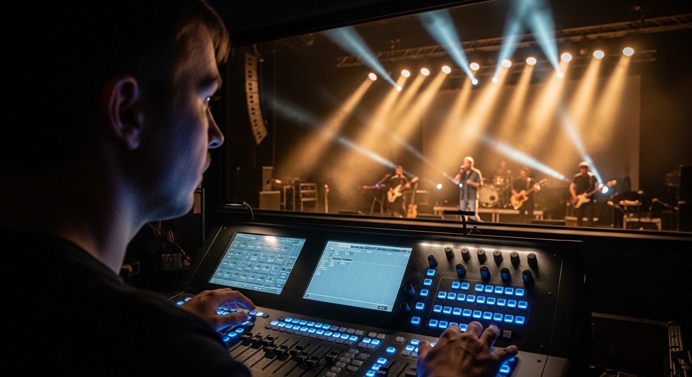 Vista aérea del backstage de un festival, oficina de producción y operaciones del equipo